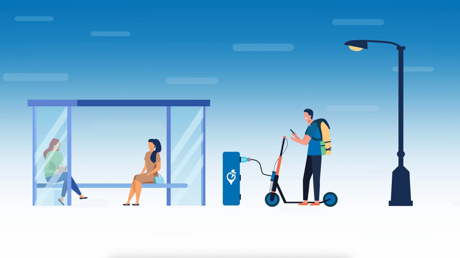 Illustration animée d’une trottinette électrique branchée à une prise ZCE dans un espace public urbain.