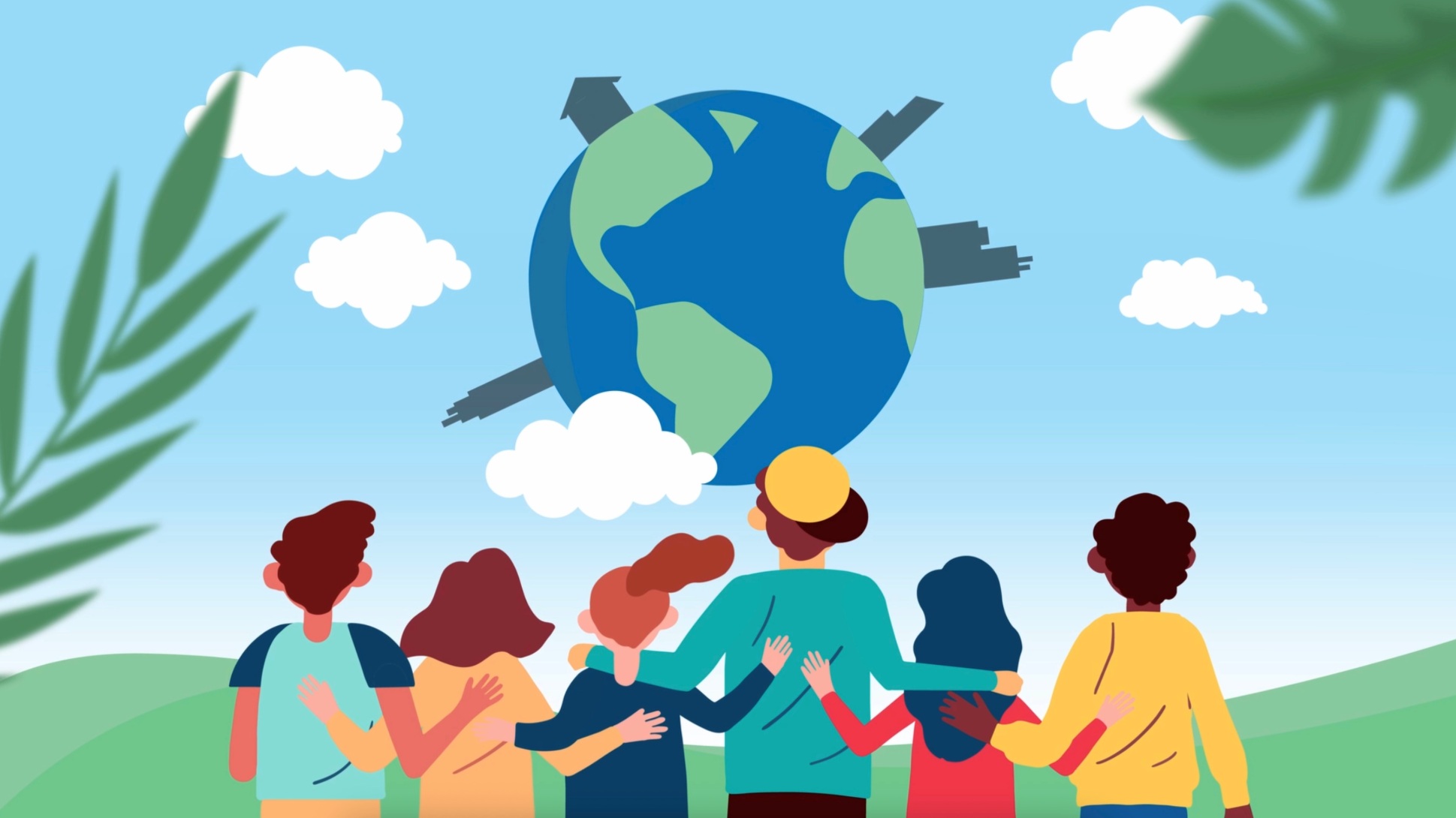 Illustration animée représentant un groupe de personnes observant la planète Terre, symbole de la transition écologique et de l’innovation de ZCE pour la neutralité carbone.