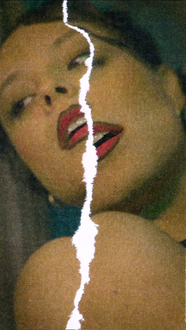 Portrait déchiré d’une femme aux lèvres rouges, capturé dans une esthétique vintage et granuleuse, représentant la féminité assumée de Mak Lingerie.
