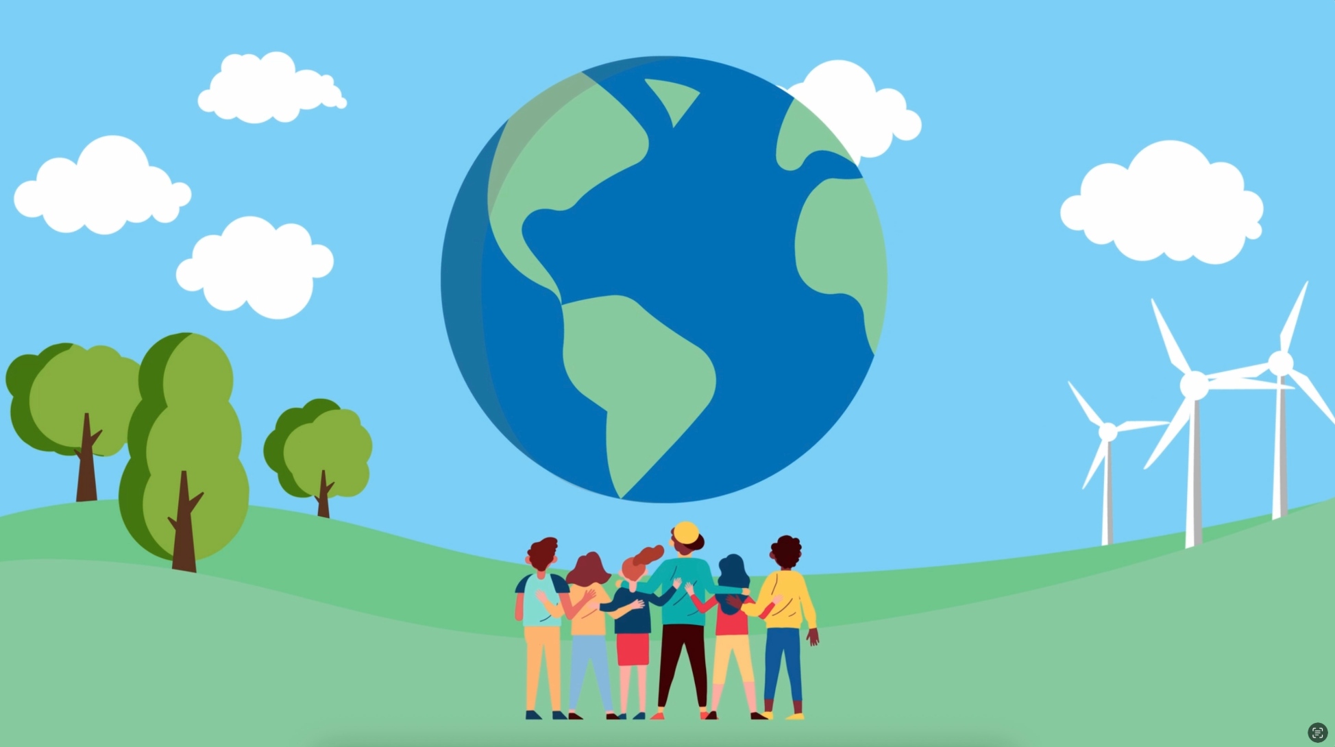 Illustration animée représentant la planète Terre, des éoliennes et des arbres, symbolisant la transition énergétique soutenue par ZCE.
