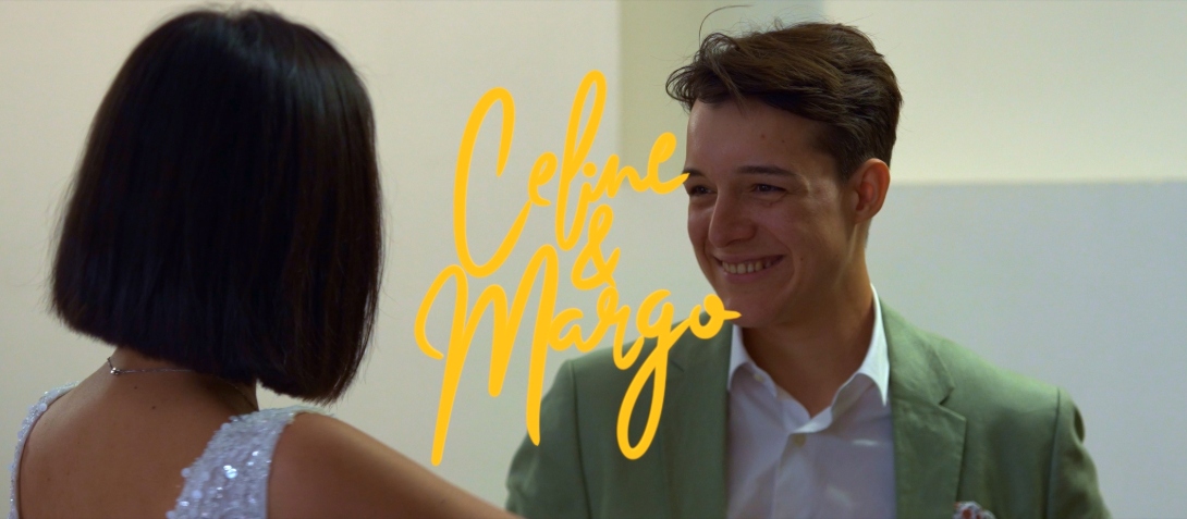 Image titre du film de mariage de Céline et Margo, avec typographie jaune sur fond clair, illustrant leur complicité.