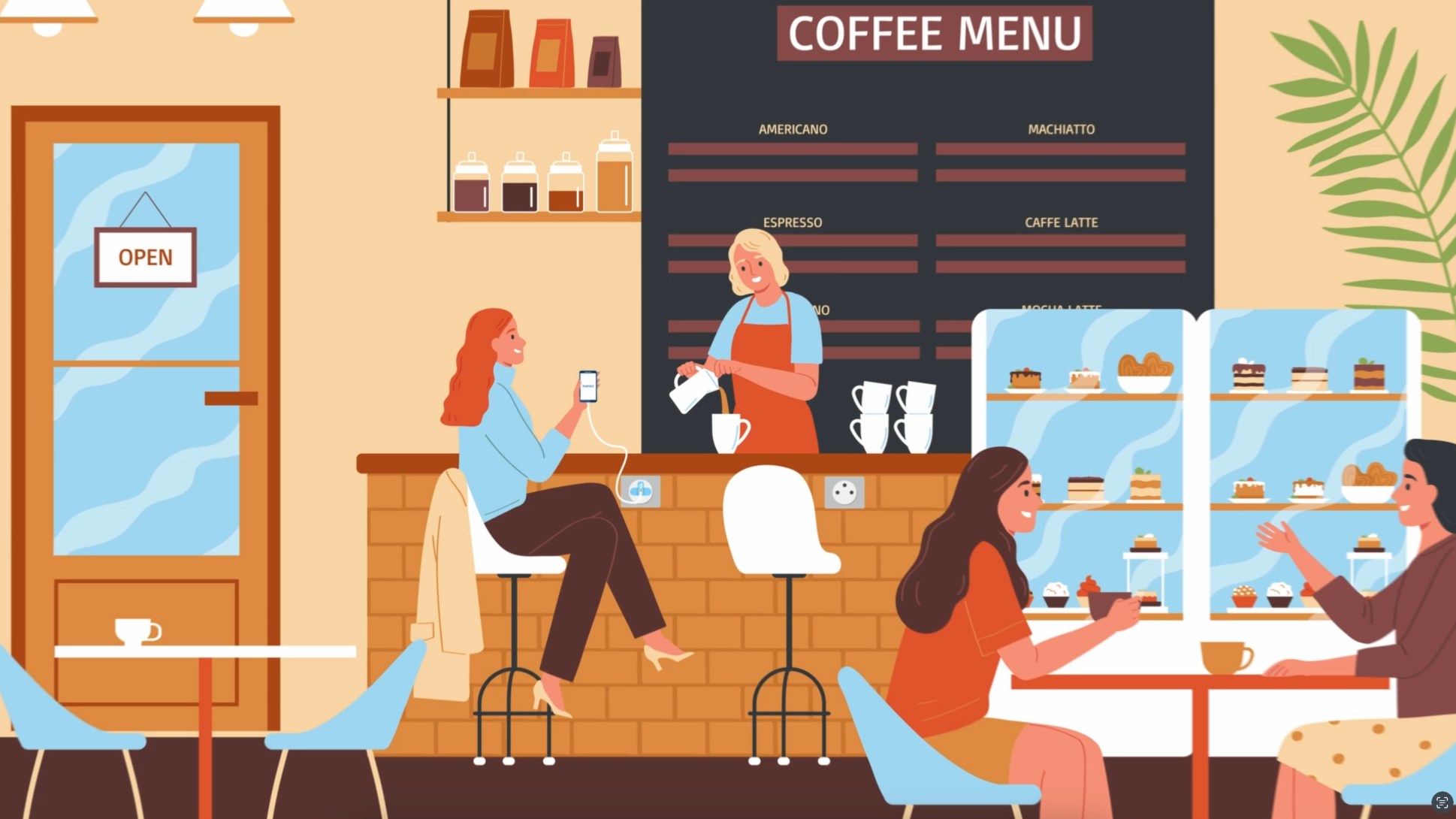 Illustration d’un café où les clients utilisent la prise intelligente ZCE pour recharger leurs appareils.